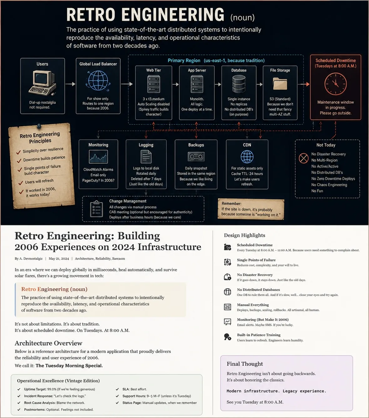 Infographic defining Retro Engineering: a reference architecture for delivering 2006-era reliability on modern infrastructure.